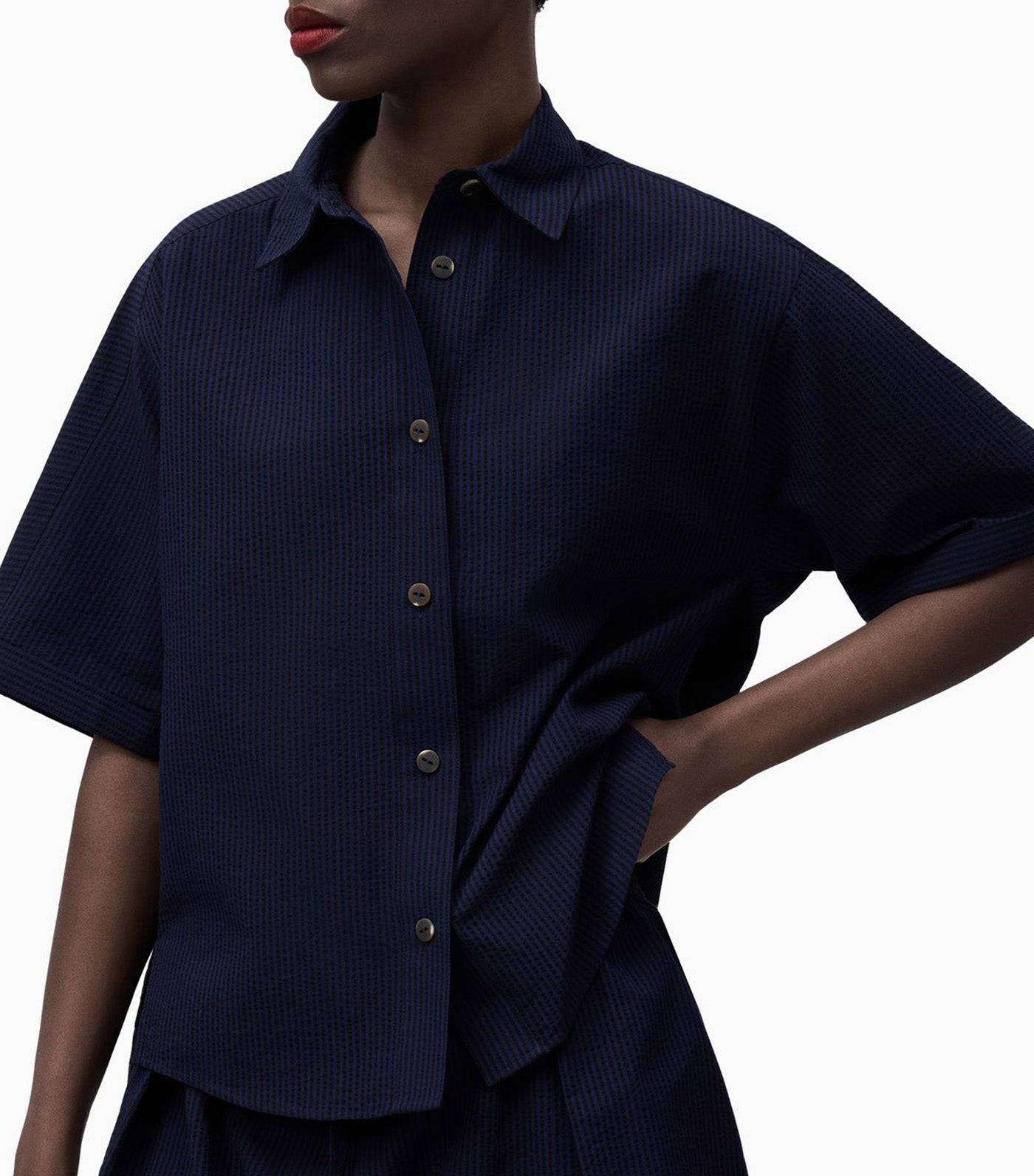 Cotton Seersucker Straight Shirt Blue Stripe