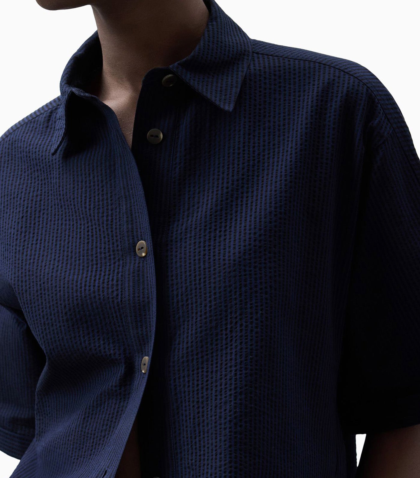 Cotton Seersucker Straight Shirt Blue Stripe