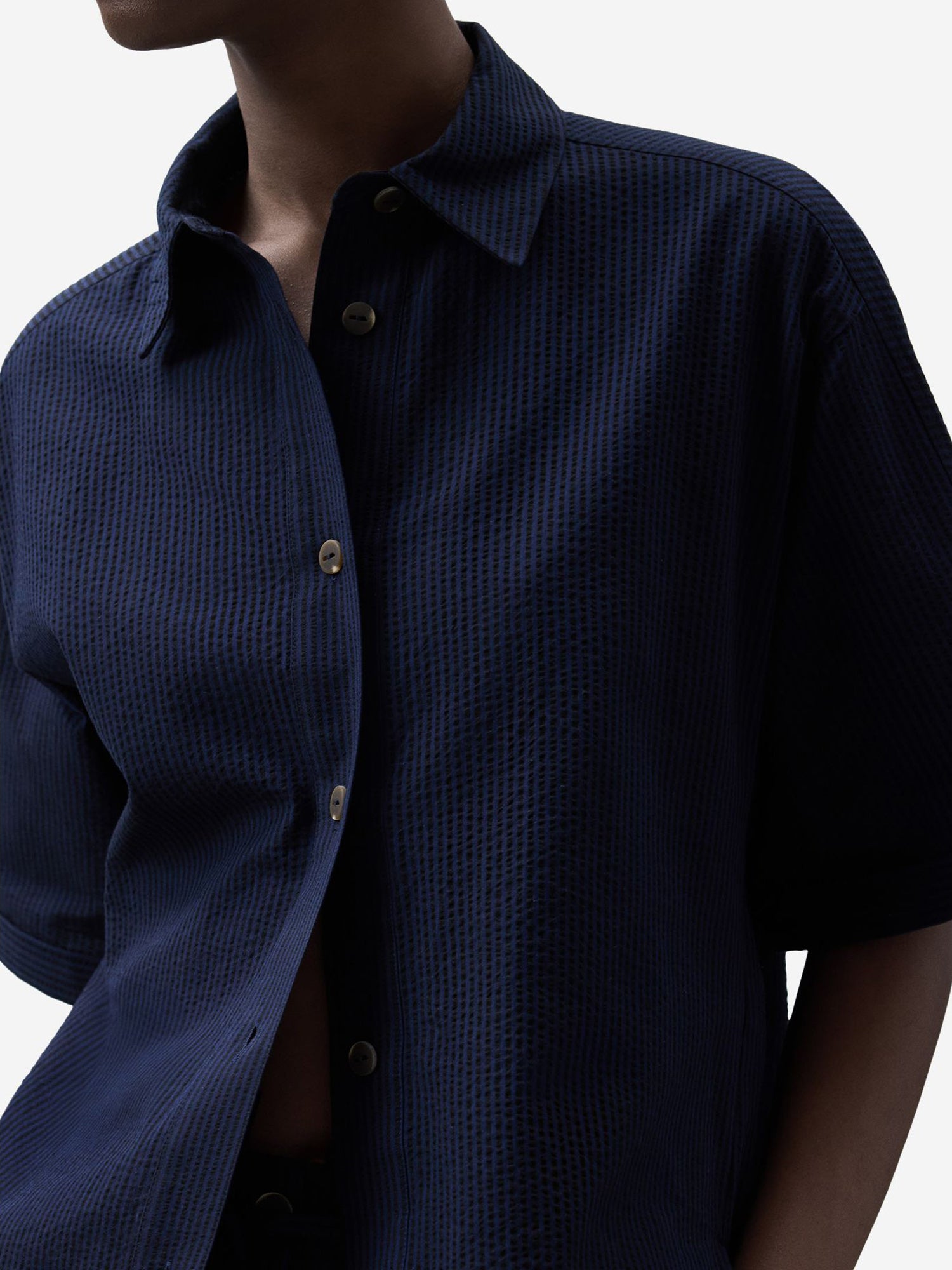 Cotton Seersucker Straight Shirt Blue Stripe