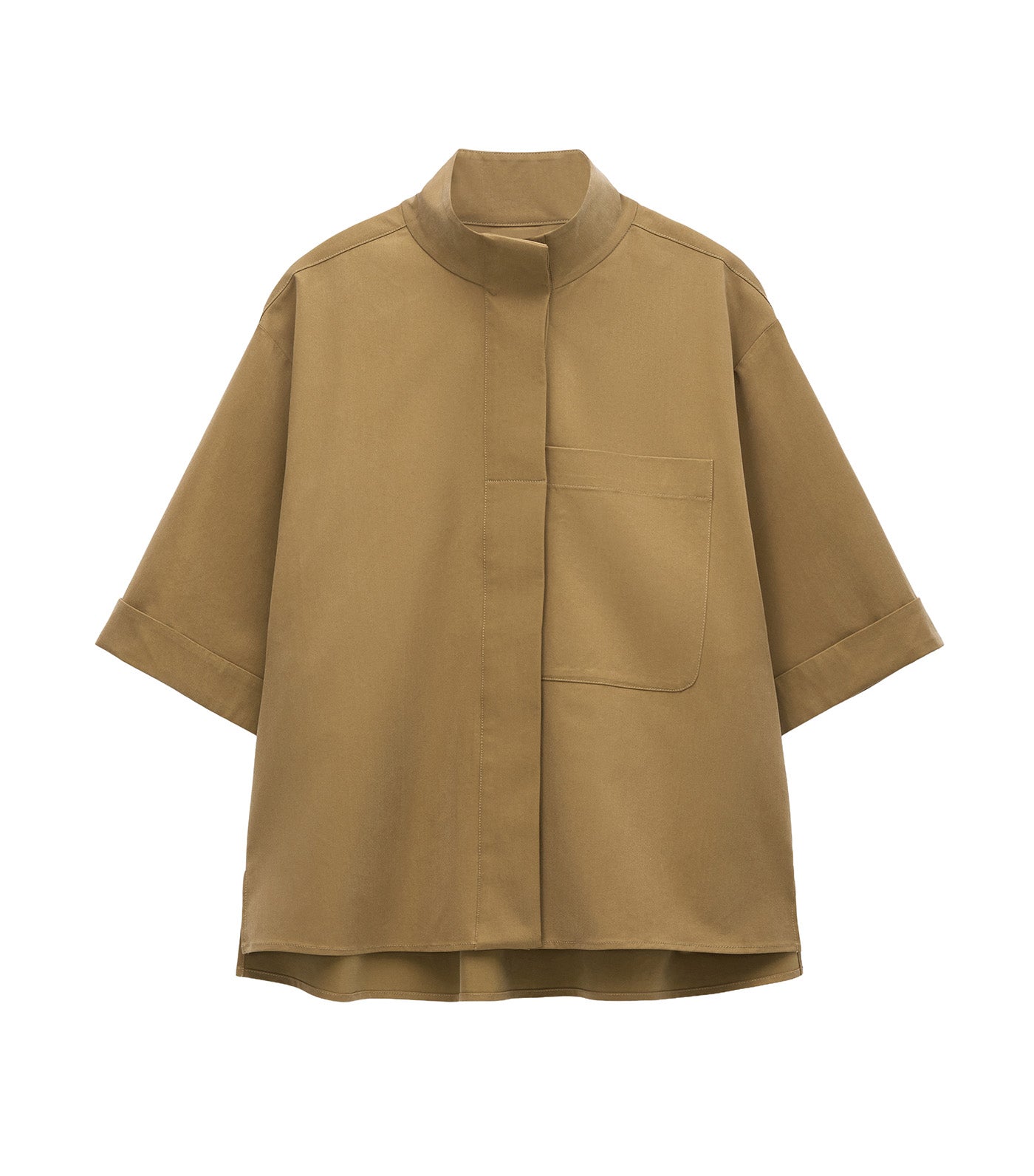 Band Collar Short Sleeve Shirt Olive Green
