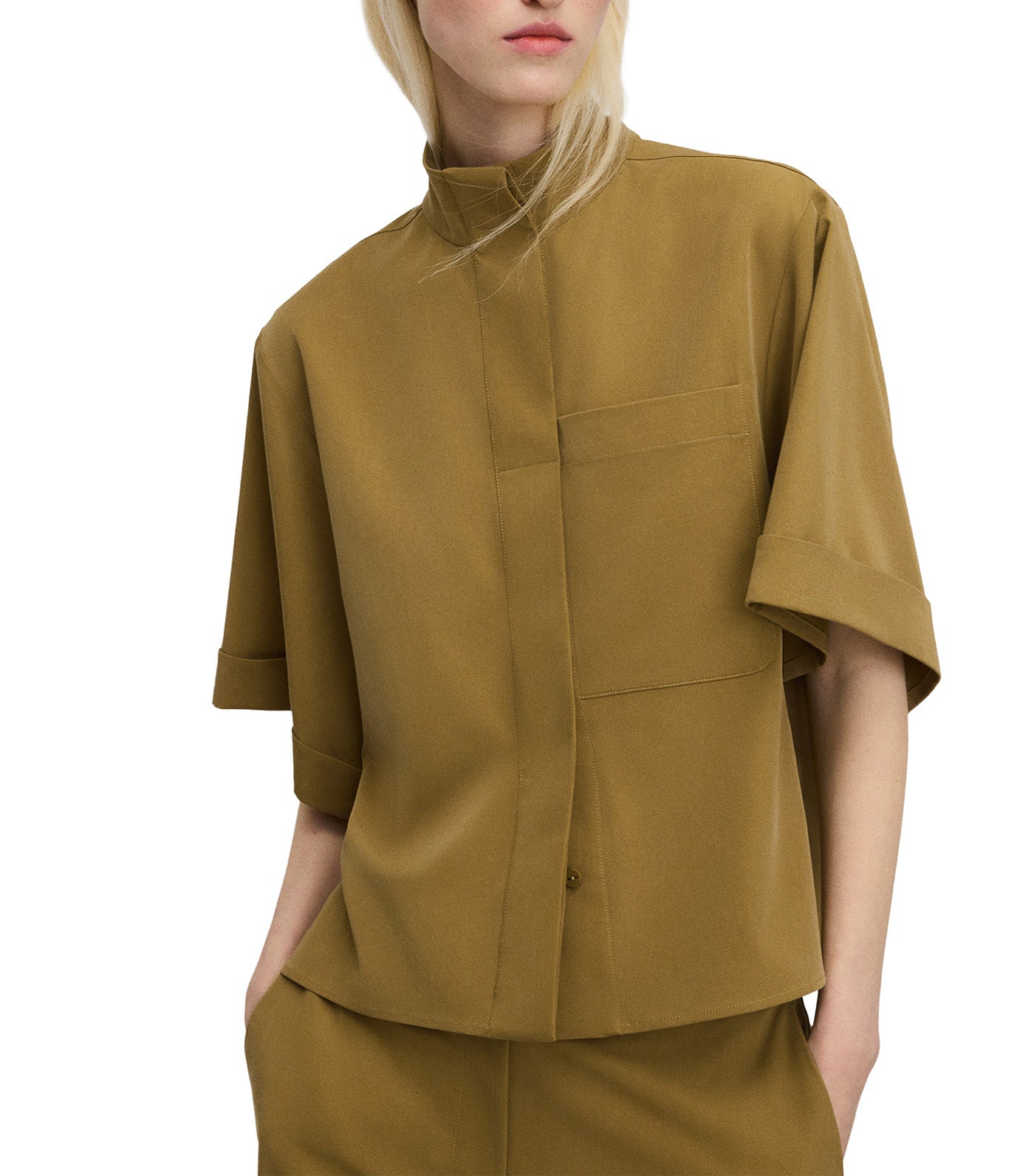 Band Collar Short Sleeve Shirt Olive Green