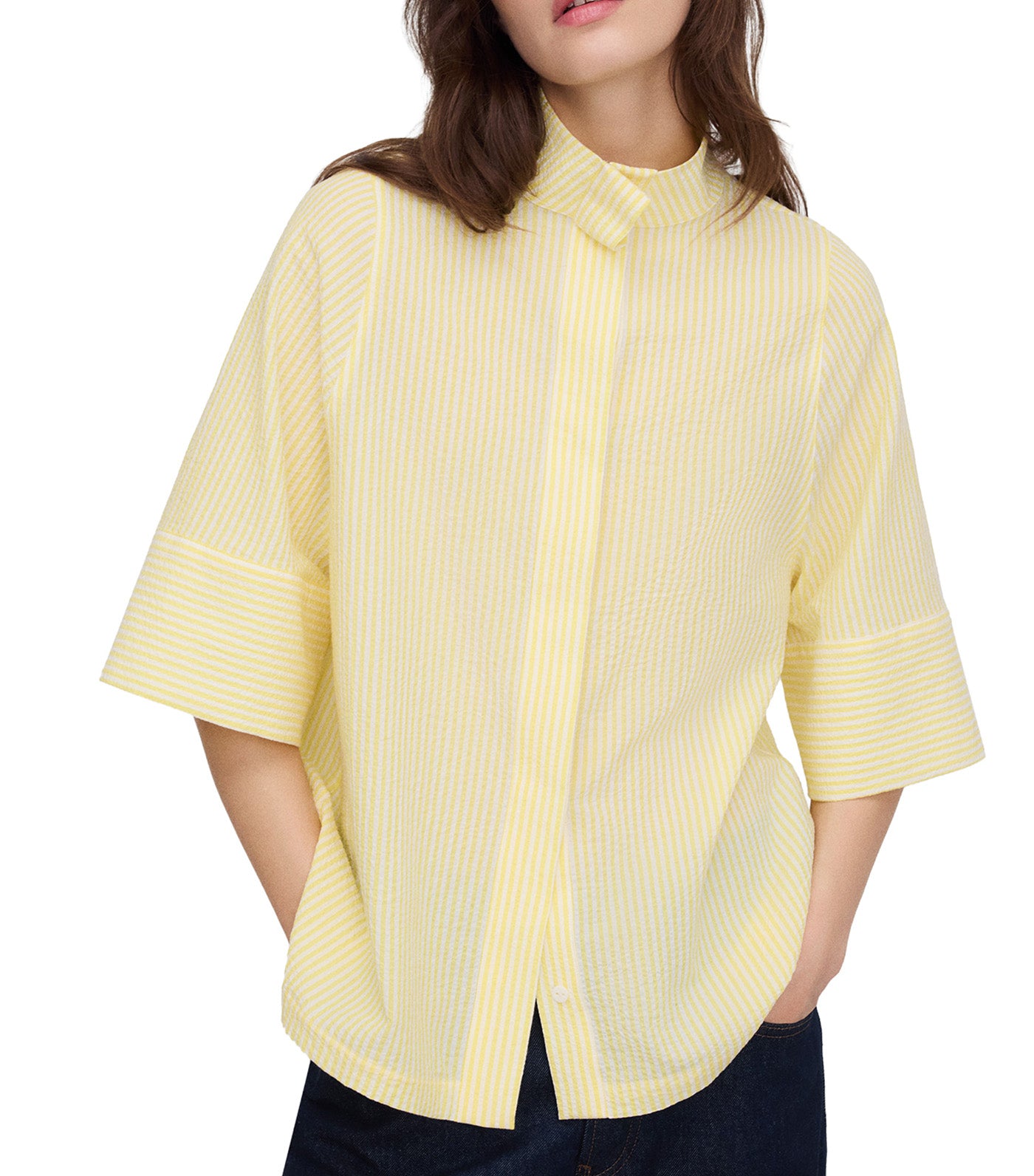 Cotton Seersucker Striped Shirt Yellow Stripe