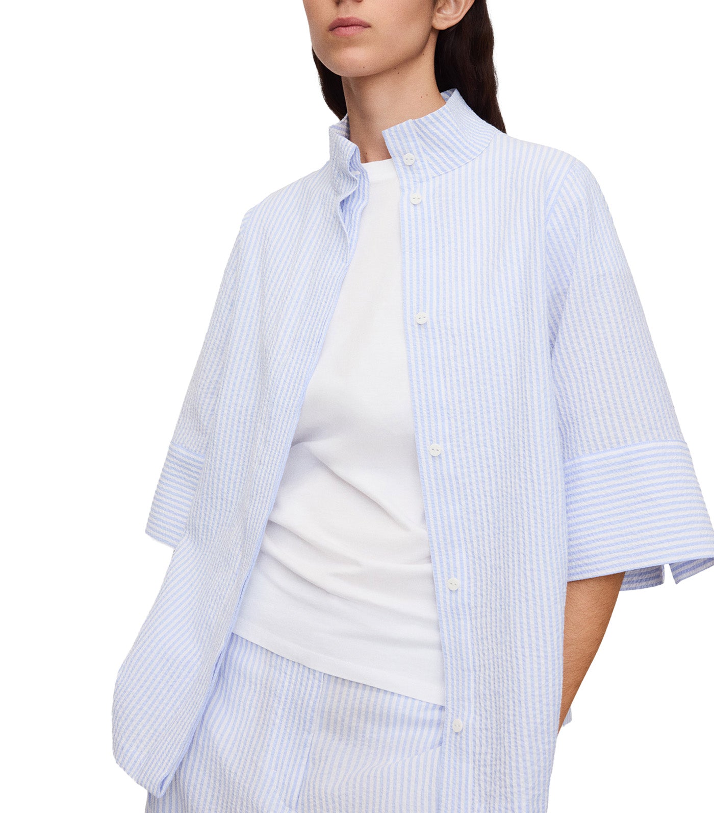 Seersucker Striped Band Collar Shirt Blue