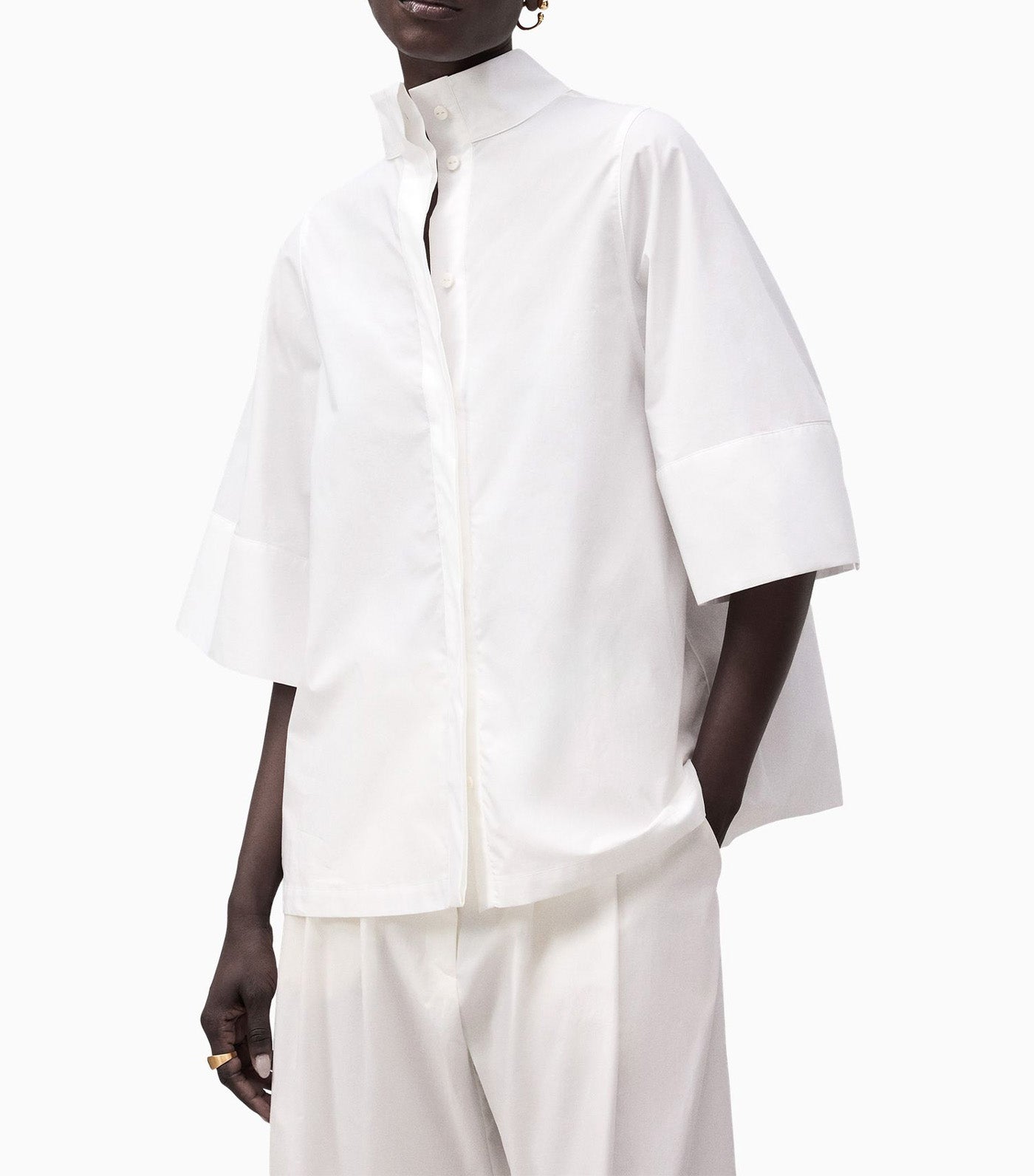 Short Sleeve High Collar Shirt White