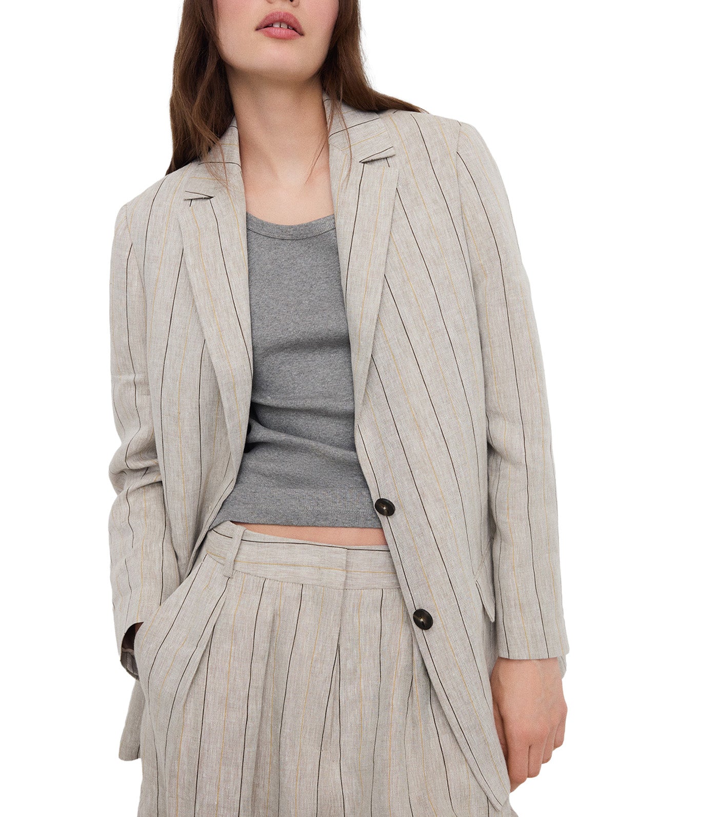 European Linen Striped Straight Blazer Brown Stripe