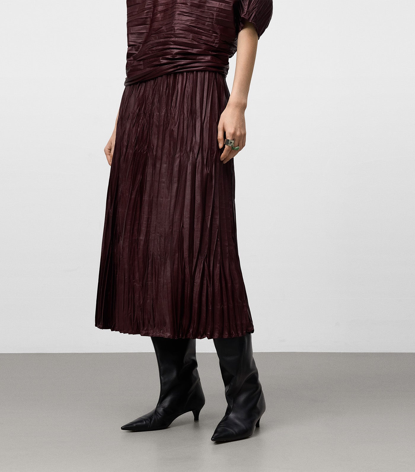 Adolfo Dominguez Leather-Non-Leather Crinkle Skirt Aubergine
