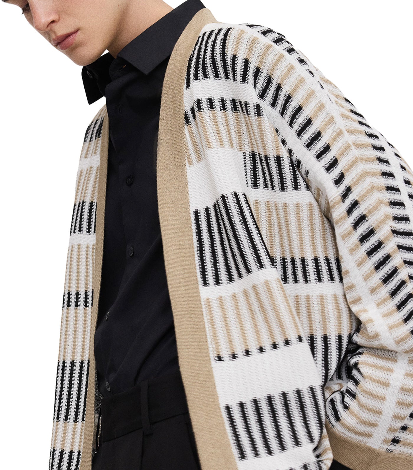 Irregular Striped Jacquard Knit Jacket Black/Ecru