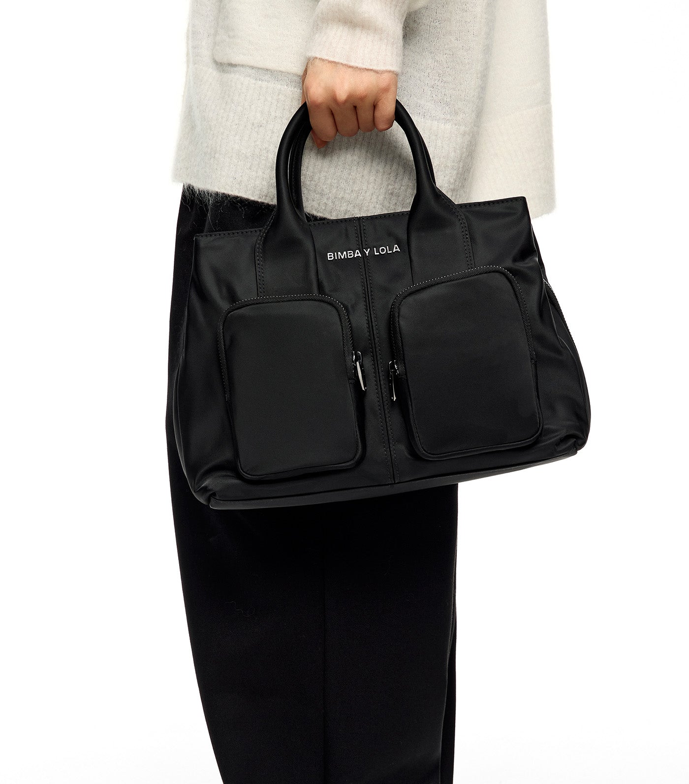 Nylon Pocket Top Handle Bag Black