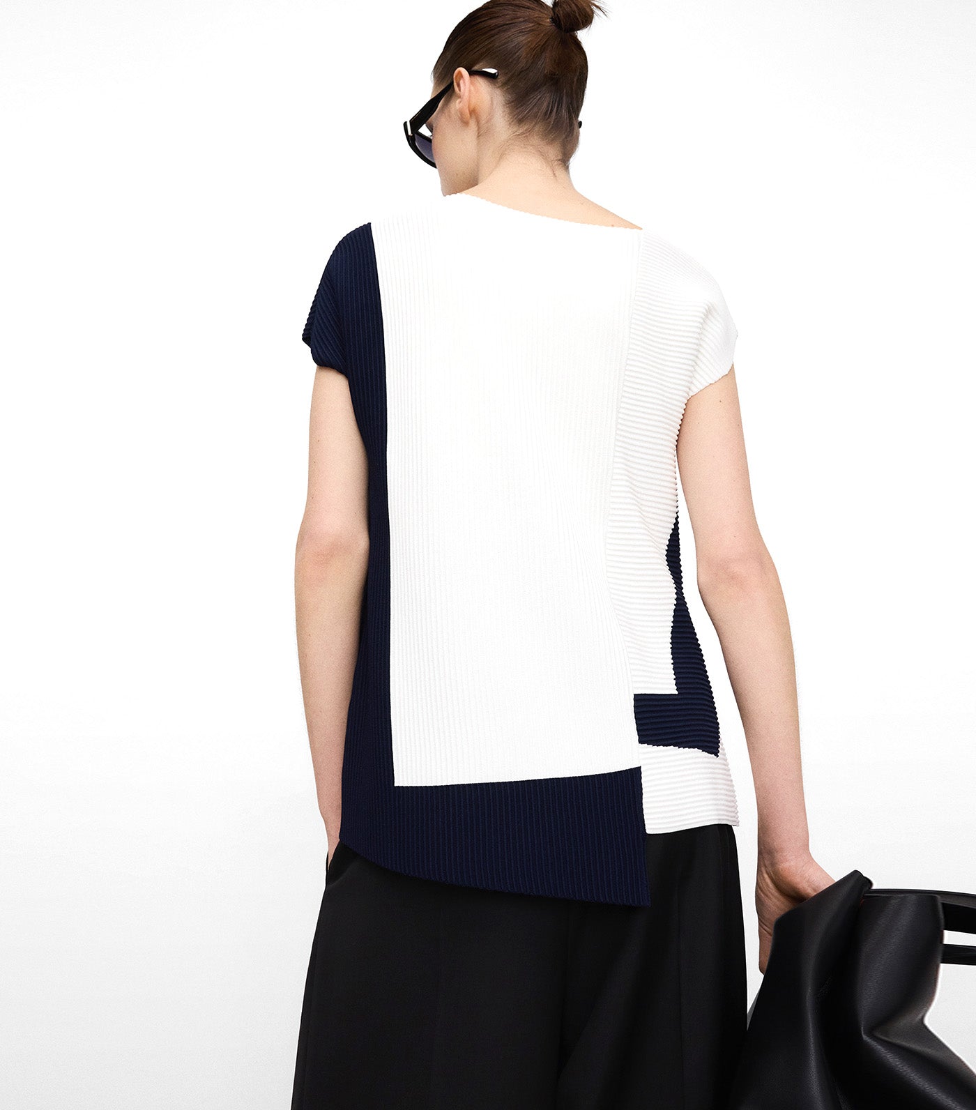 Structured Knit Asymmetrical Top Navy Blue/White