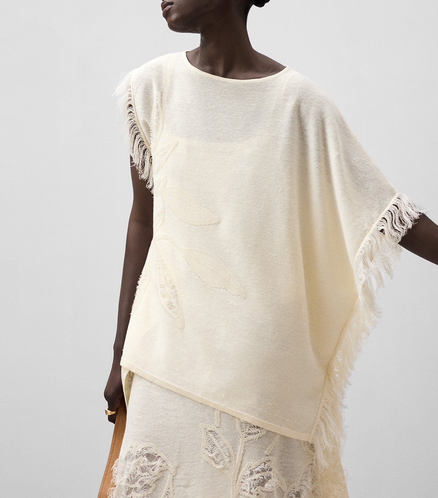 Leaf Pattern Jacquard Knit Sweater Light Cream