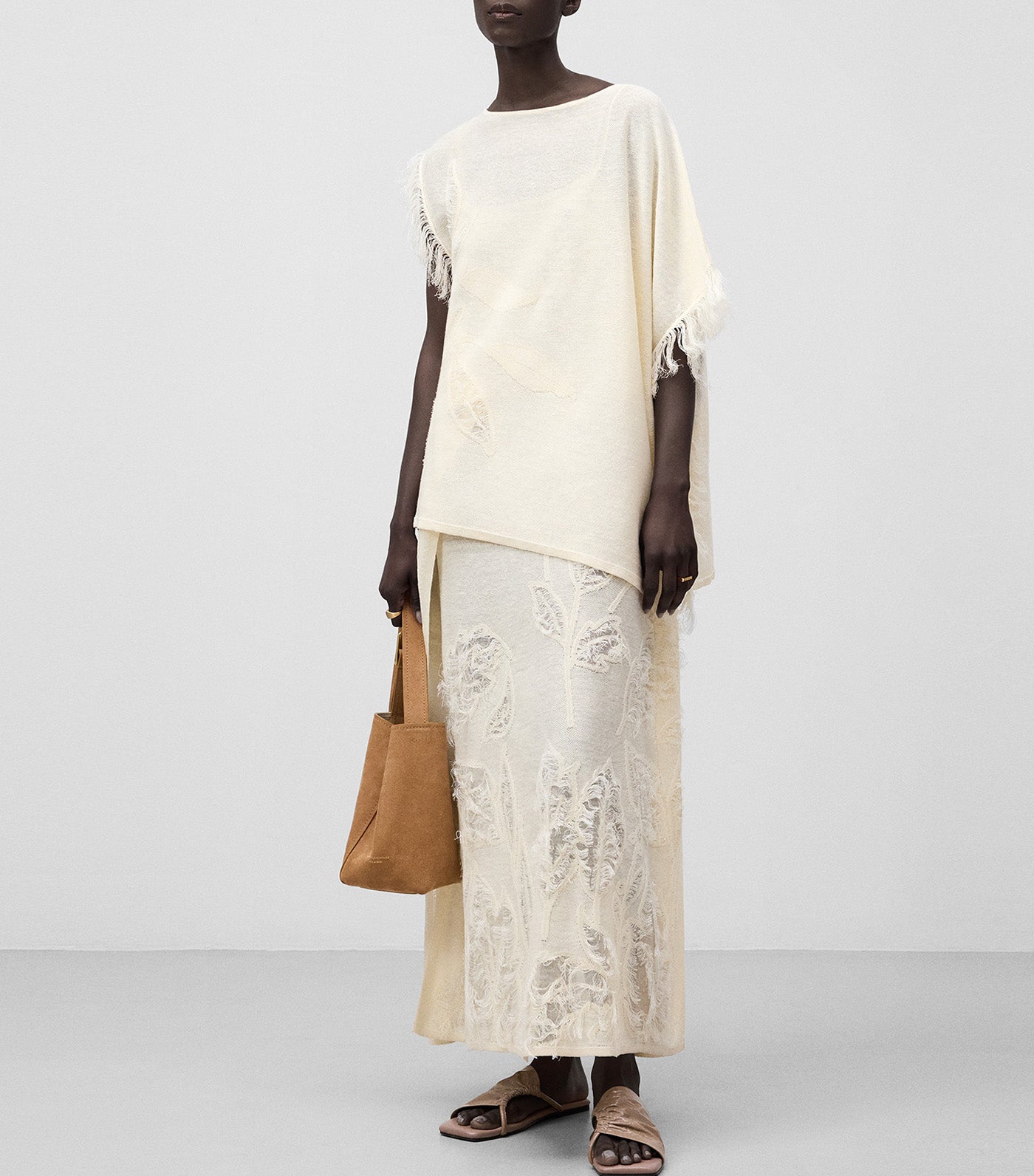 Leaf Pattern Jacquard Knit Sweater Light Cream
