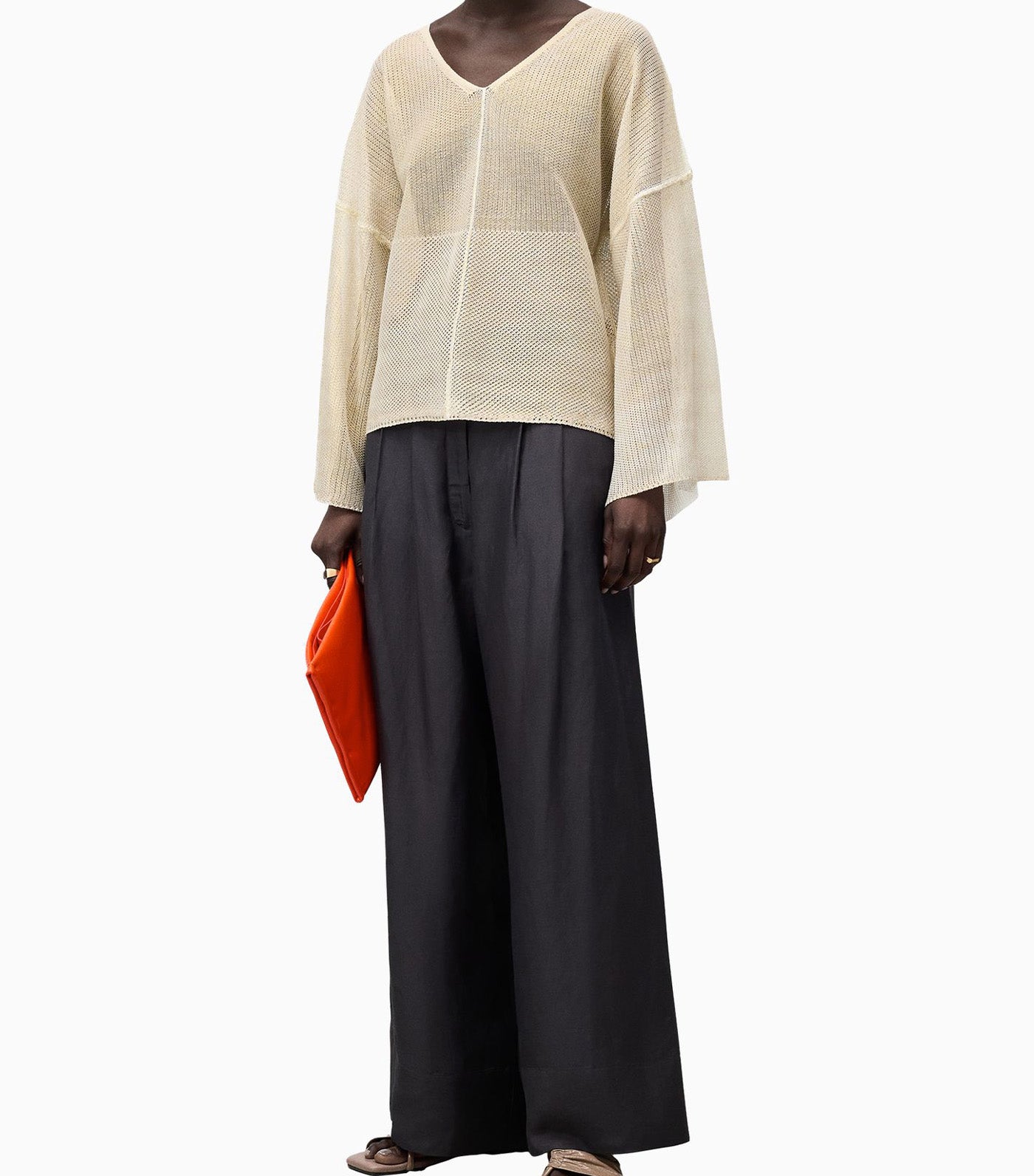 V-Neck Mesh Knit Sweater Gold/White