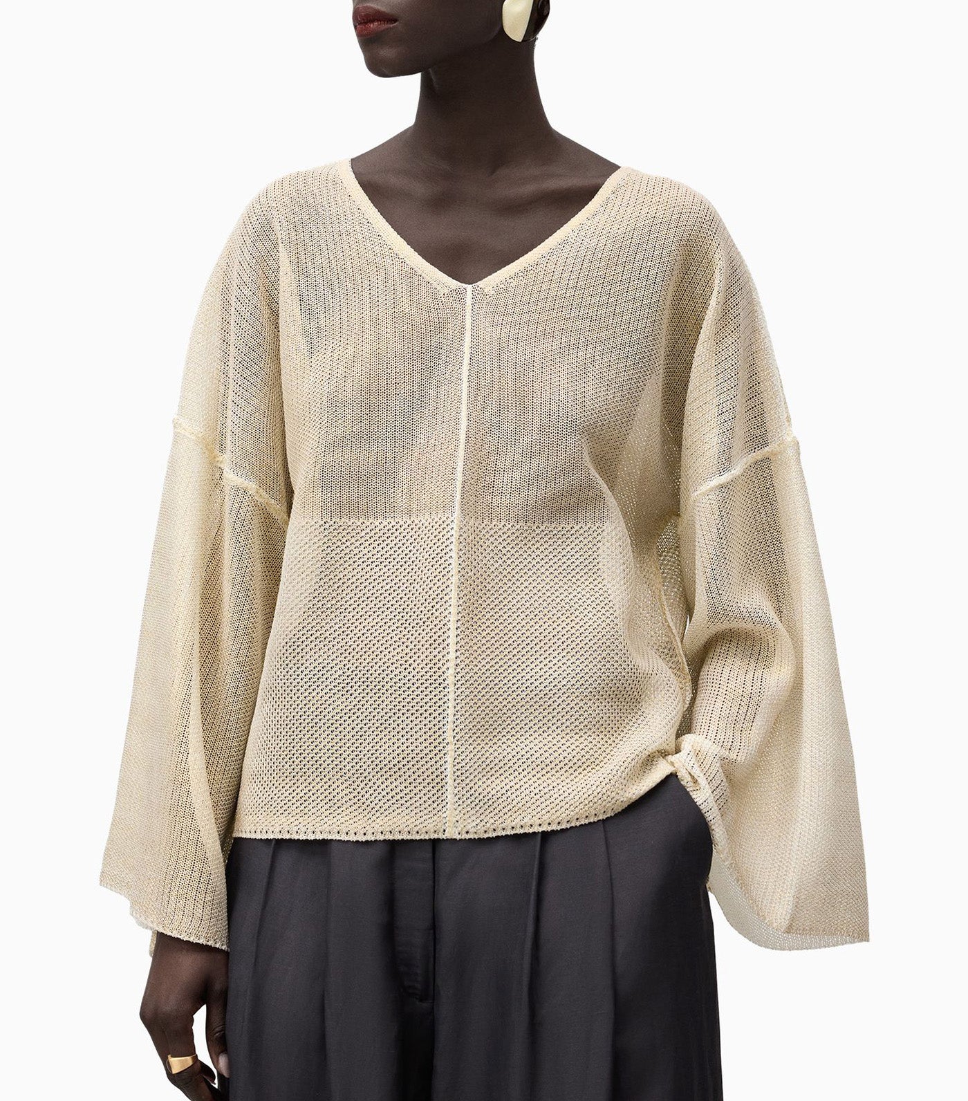 V-Neck Mesh Knit Sweater Gold/White