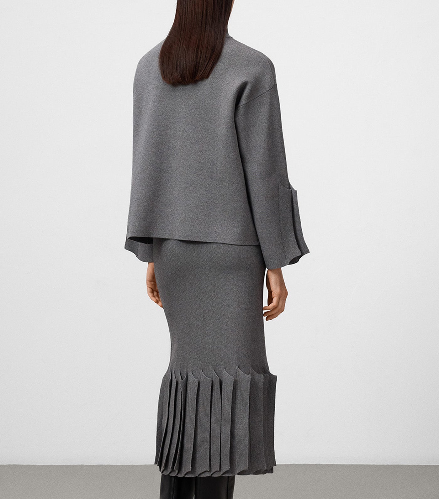 Pleated Sleeve Knit Sweater Gray Melange