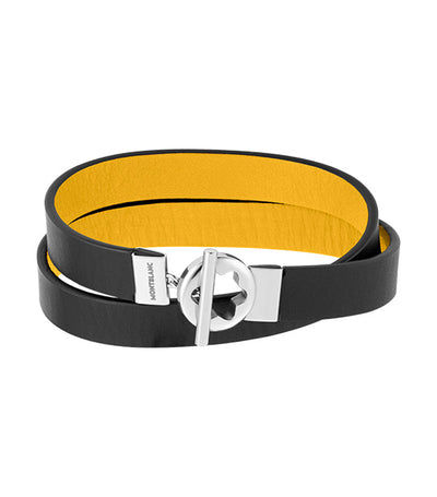 Double-Faced Leather Bracelet with Stainless Steel Snowcap Closure (58) Black/Yellow