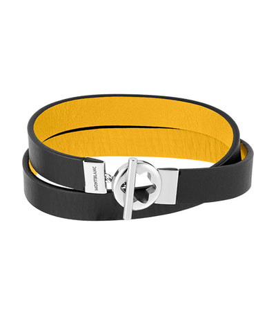 Double-Faced Leather Bracelet with Stainless Steel Snowcap Closure (55) Black/Yellow