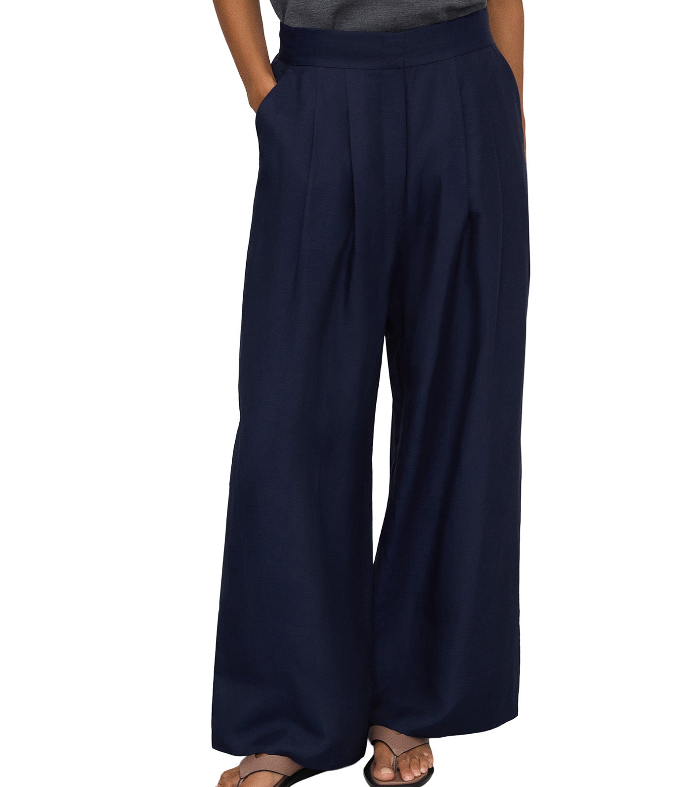 Double-Pleated Wide-Leg Trousers Navy Blue