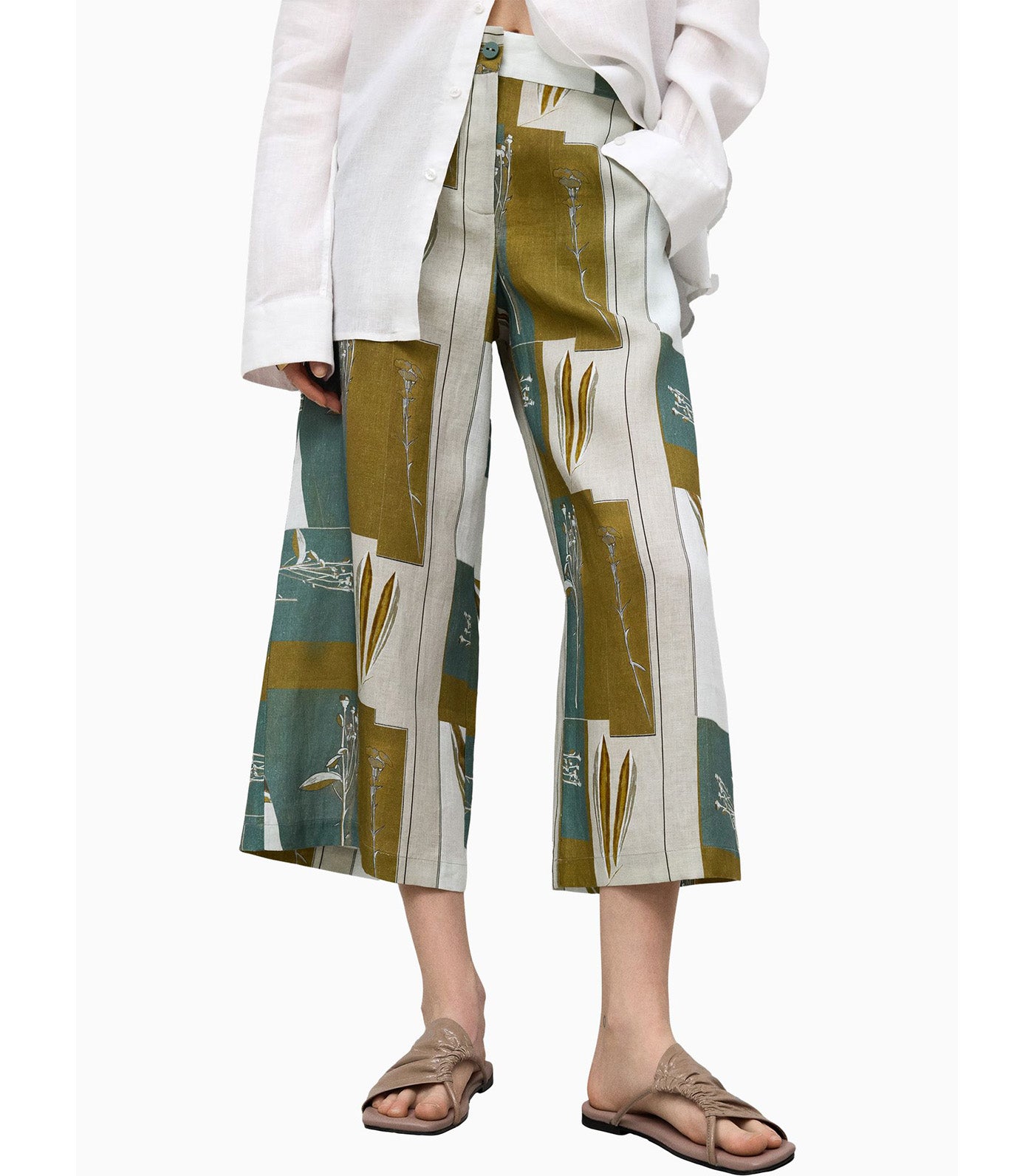 European Linen Printed Trousers Flower Print