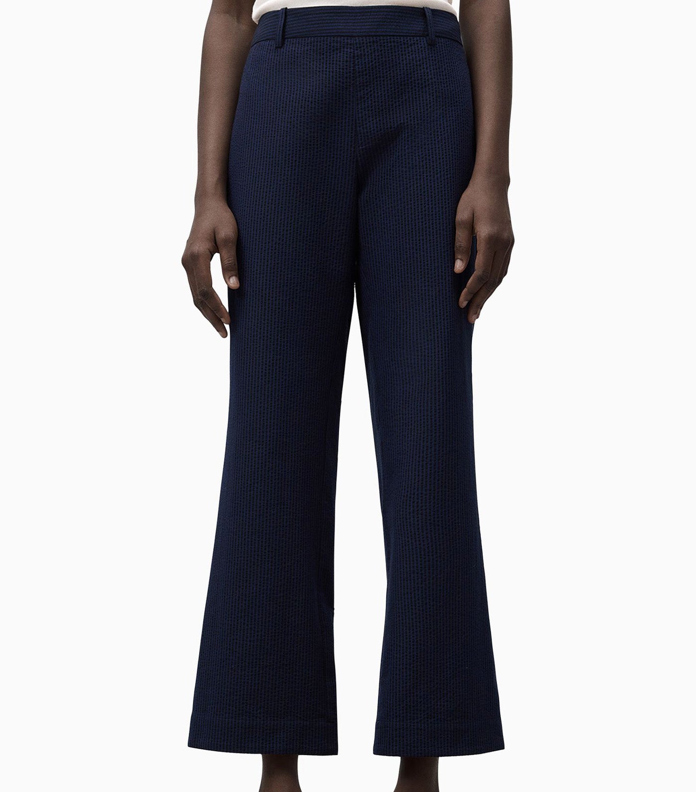 Ankle Seersucker Cotton Trousers Blue Stripe