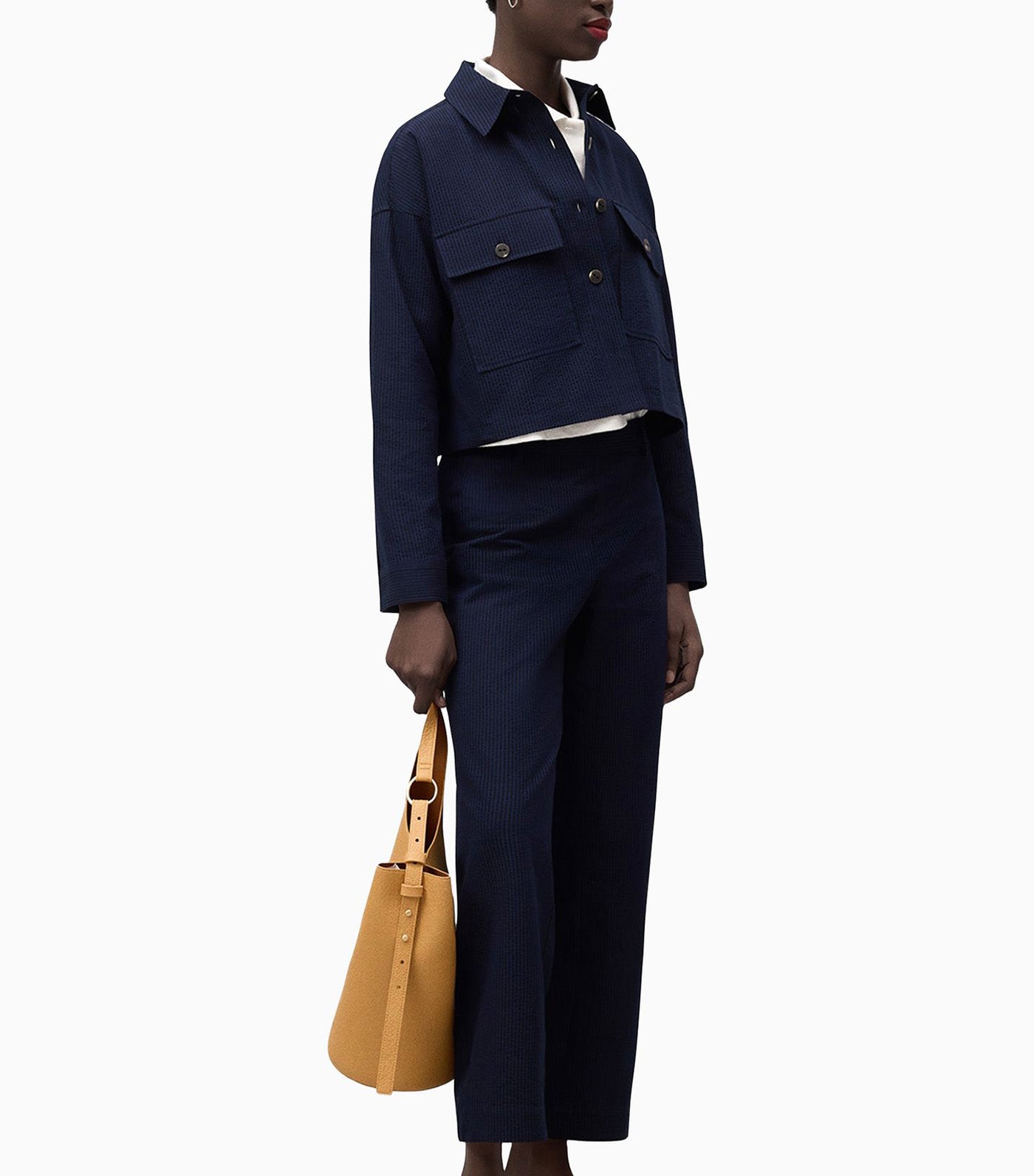 Ankle Seersucker Cotton Trousers Blue Stripe