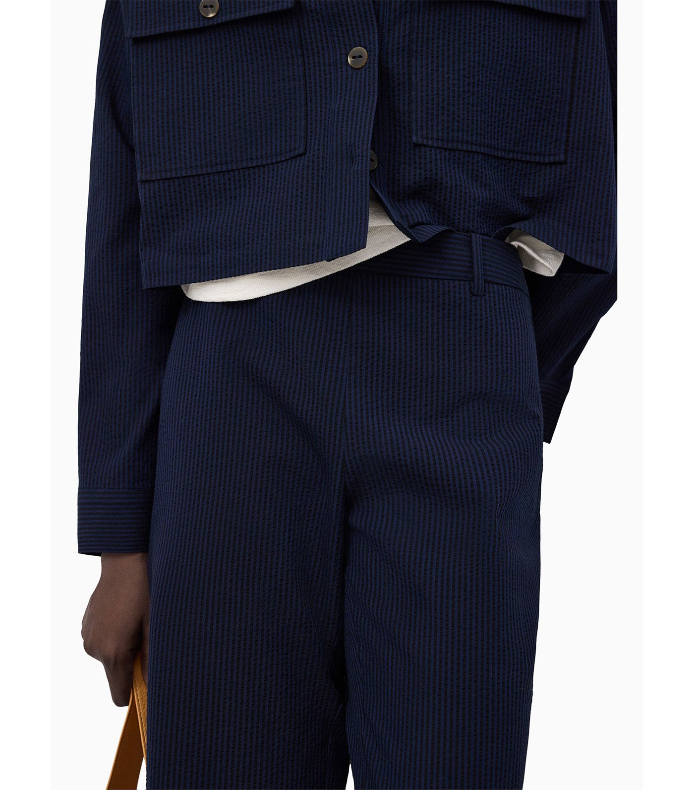 Ankle Seersucker Cotton Trousers Blue Stripe