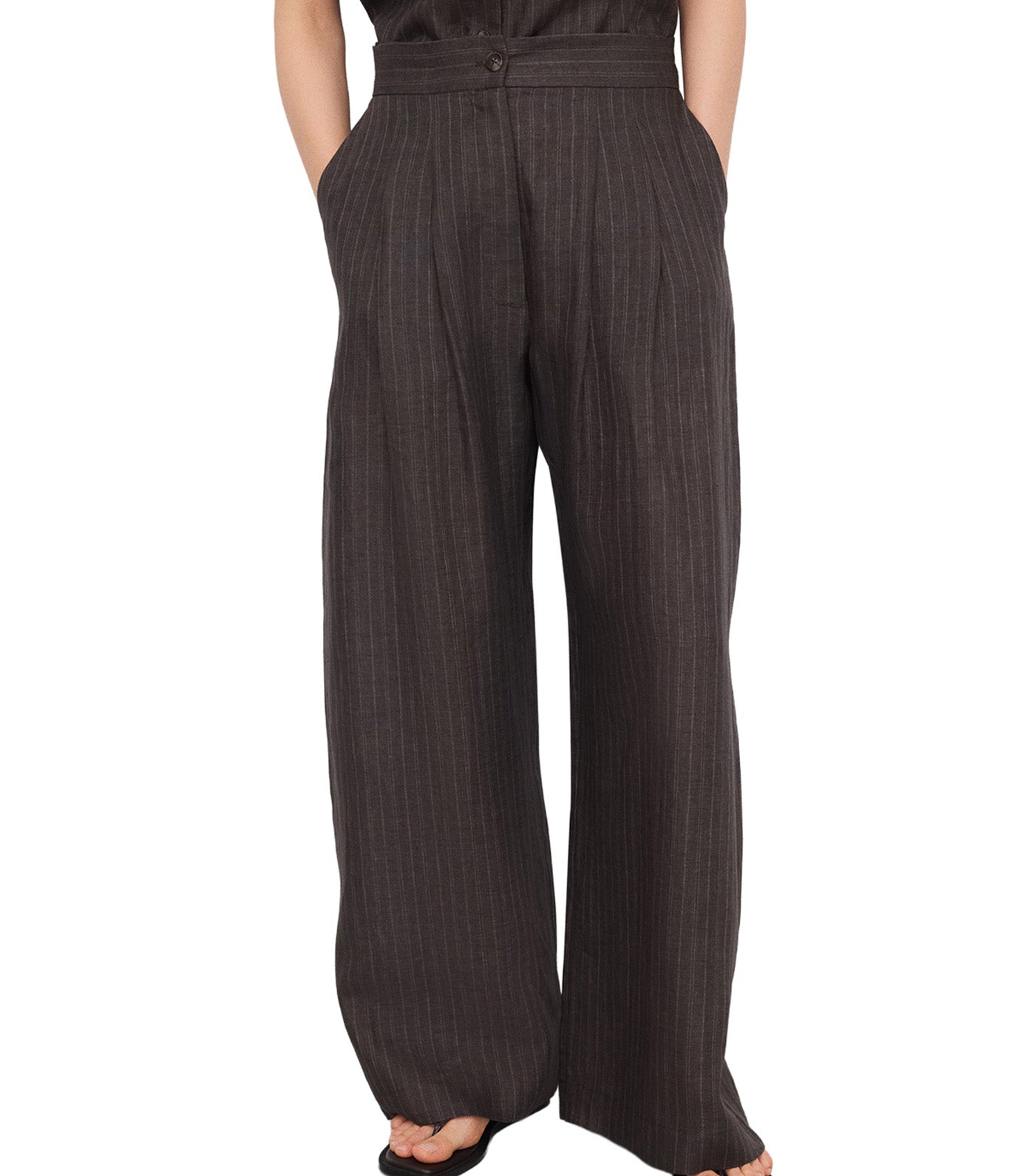 European Linen Striped Straight Trousers Brown