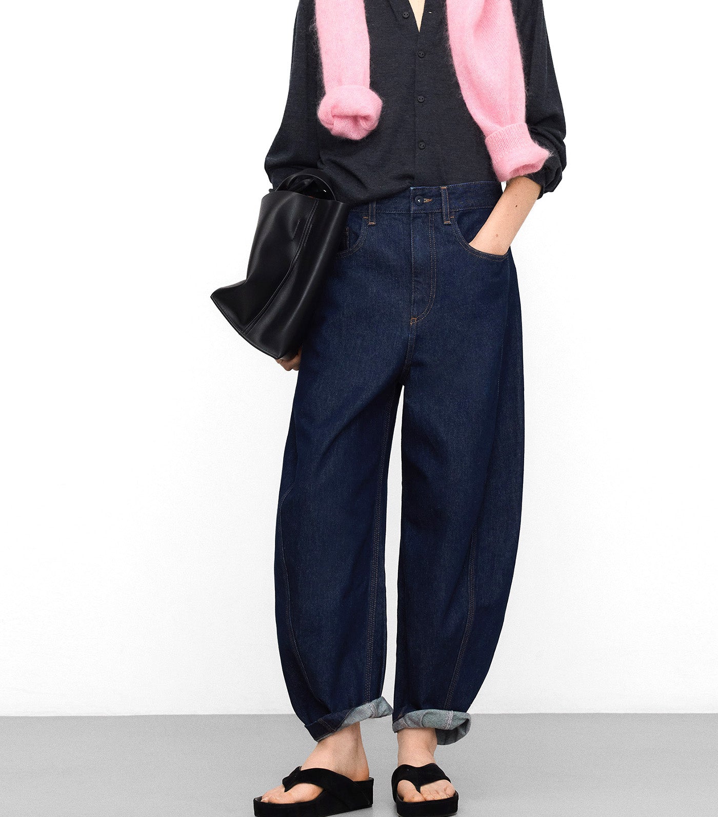 Cotton Denim Barrel Fit Trousers Navy Blue