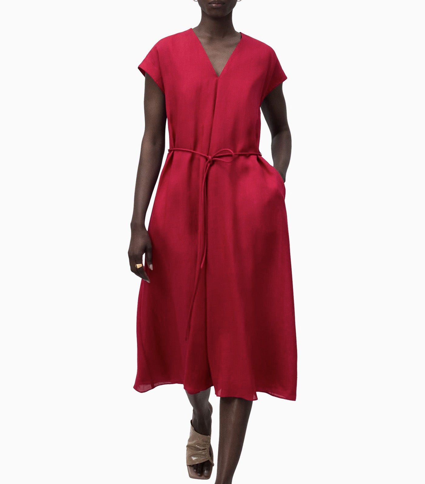 Ramie Blend Midi Dress Raspberry