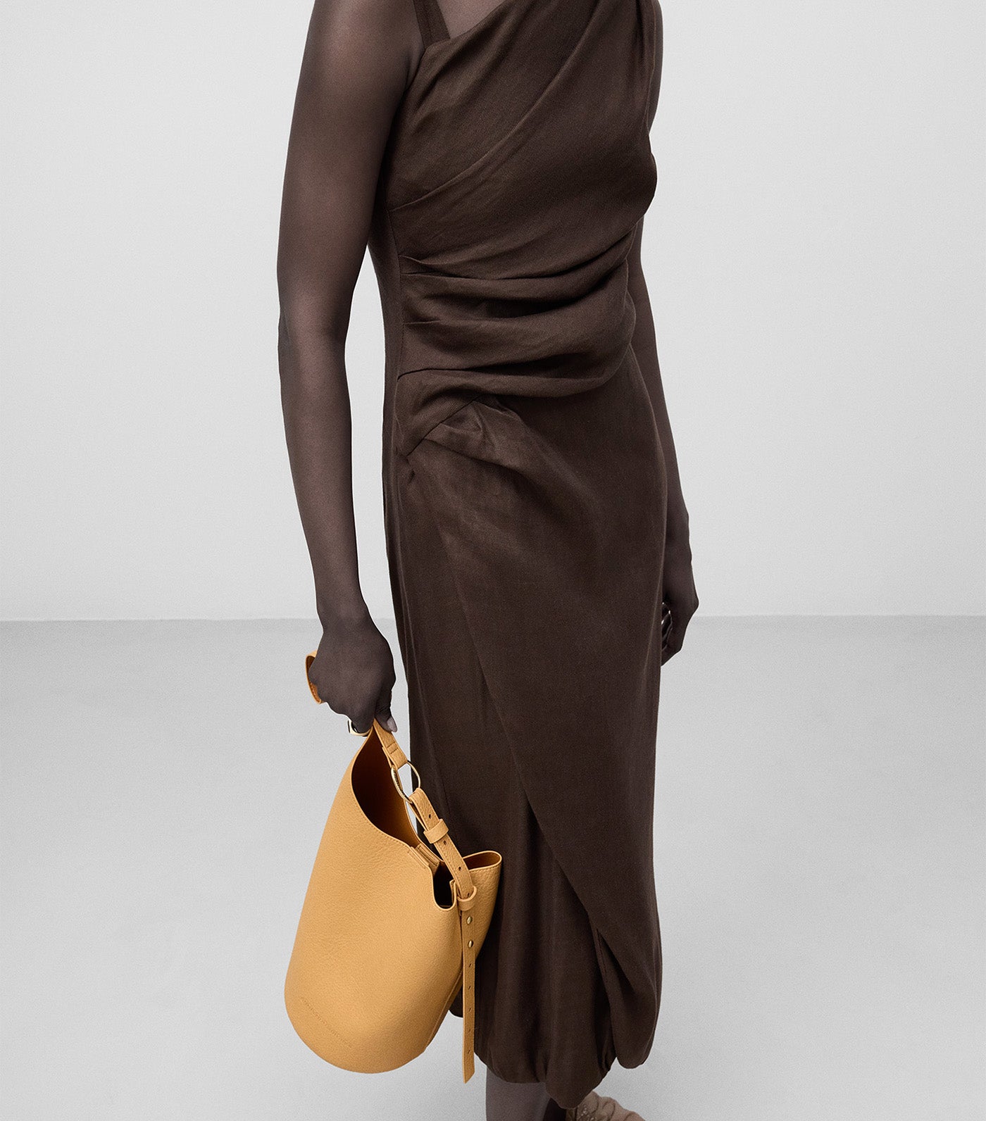 Linen Blend Midi Draped Dress Chocolate