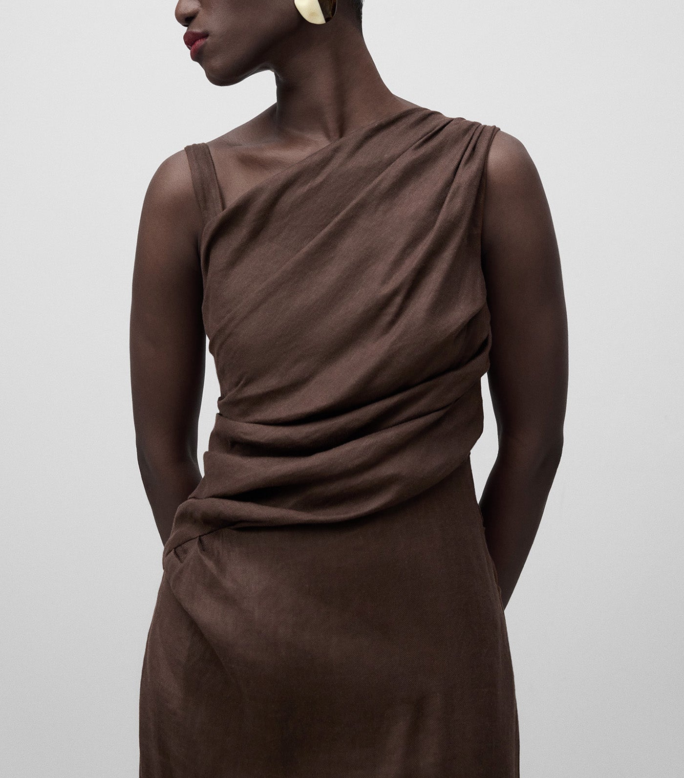Linen Blend Midi Draped Dress Chocolate