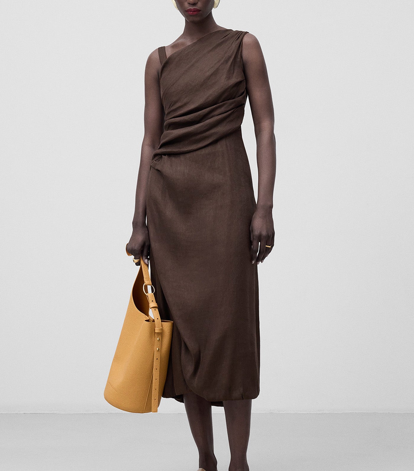 Linen Blend Midi Draped Dress Chocolate