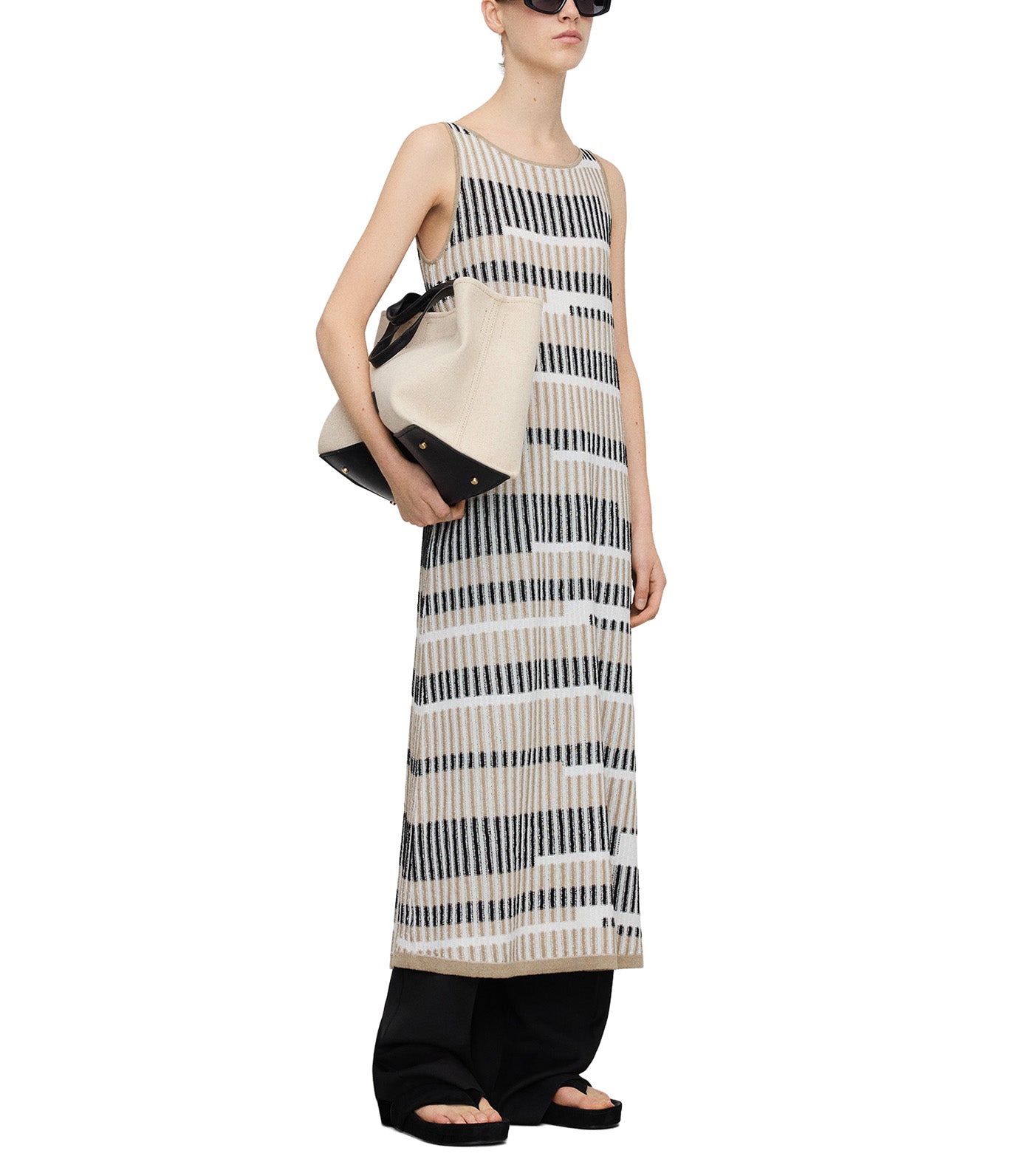 Irregular Striped Jacquard Knit Dress Black/Cream