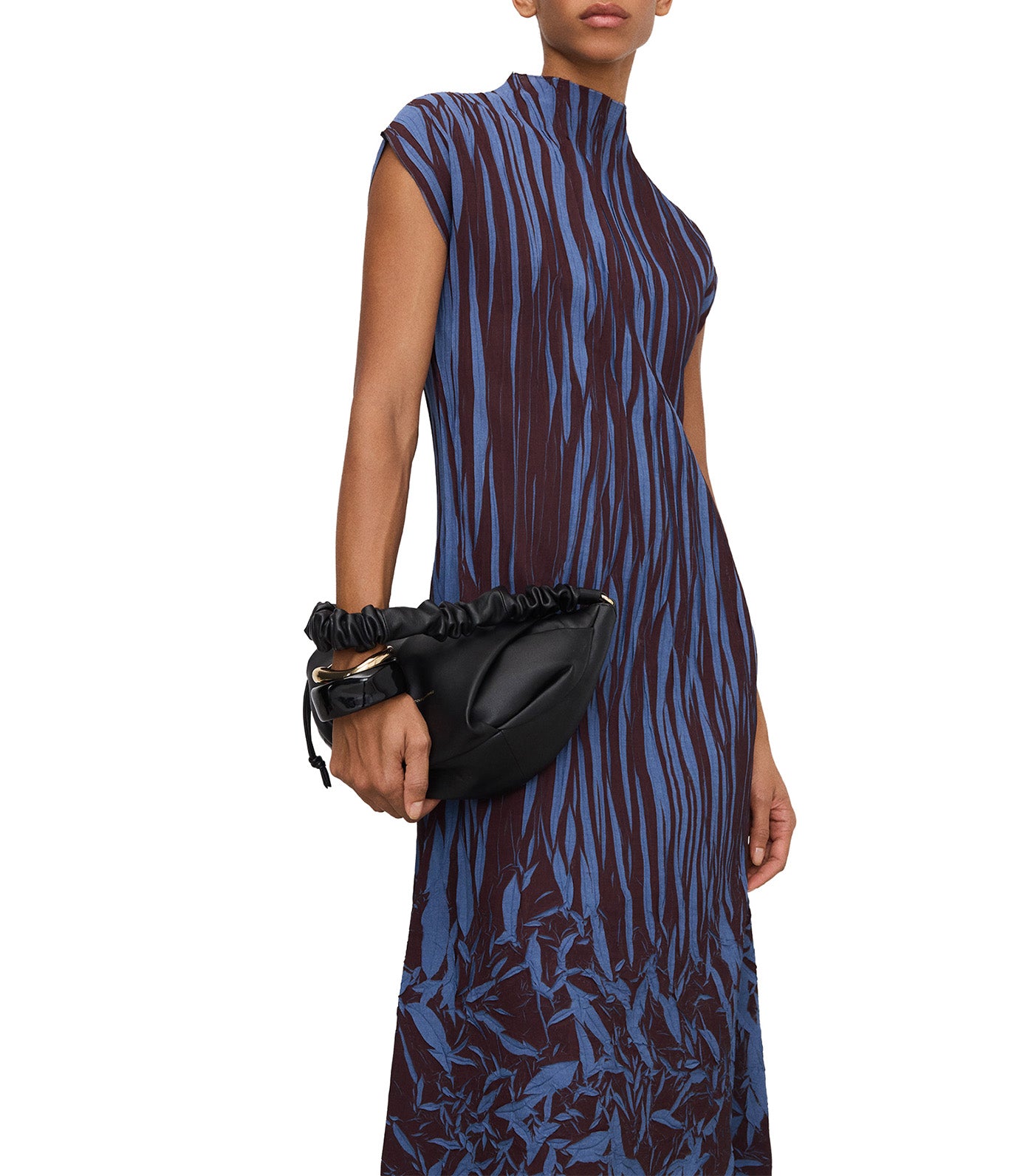 Two-Tone Irregular Pleated Midi Dress Brown Print