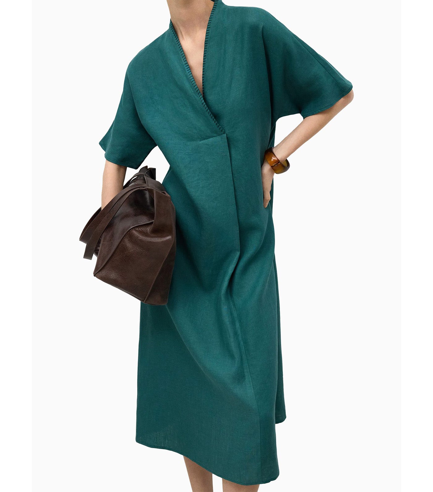 European Linen V-Neckline Dress Green