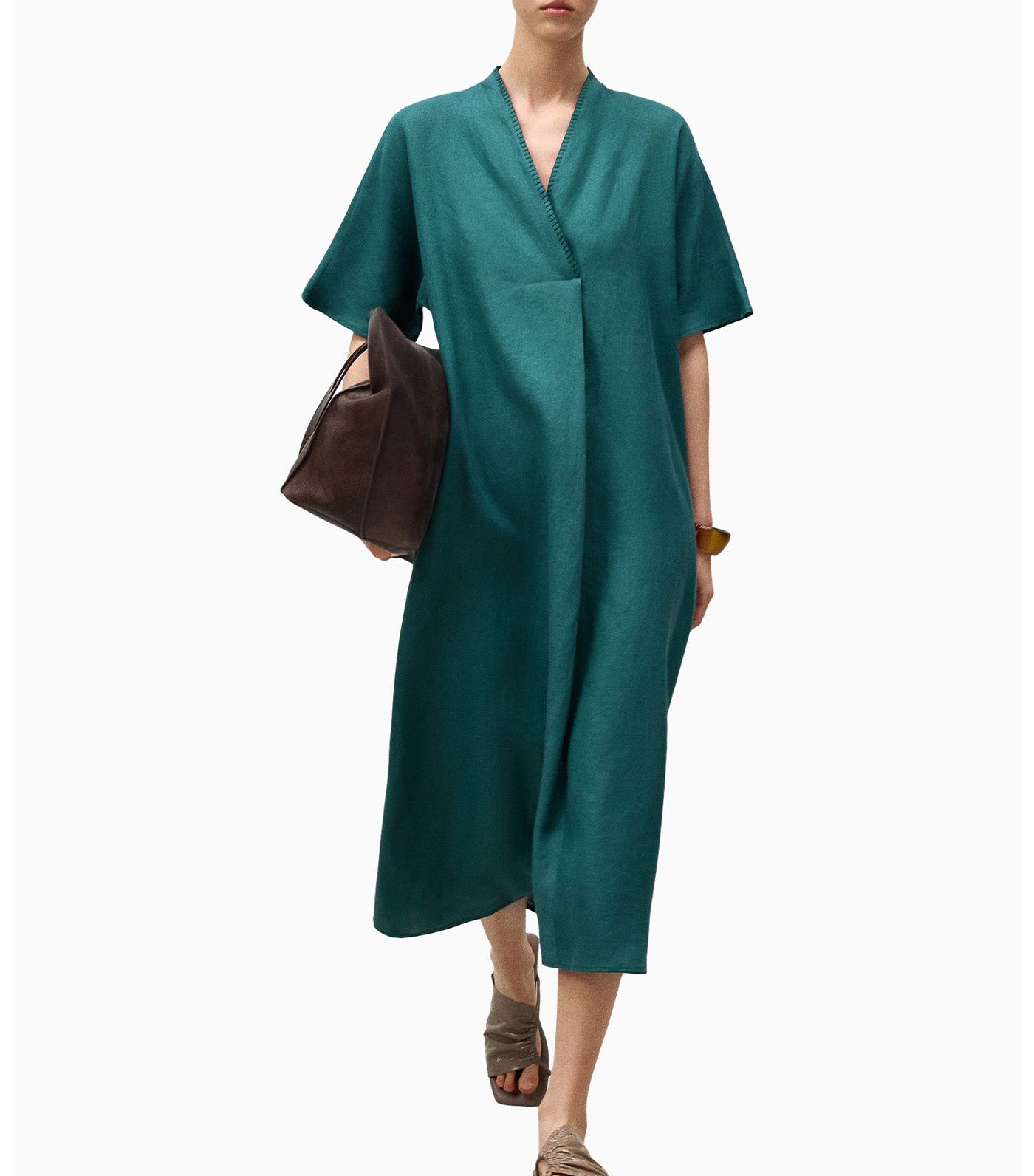 European Linen V-Neckline Dress Green