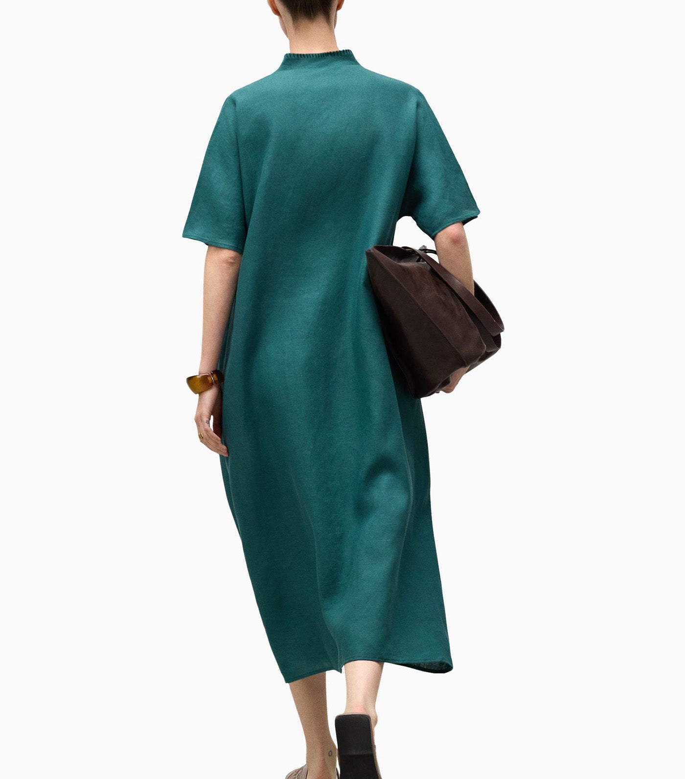 European Linen V-Neckline Dress Green