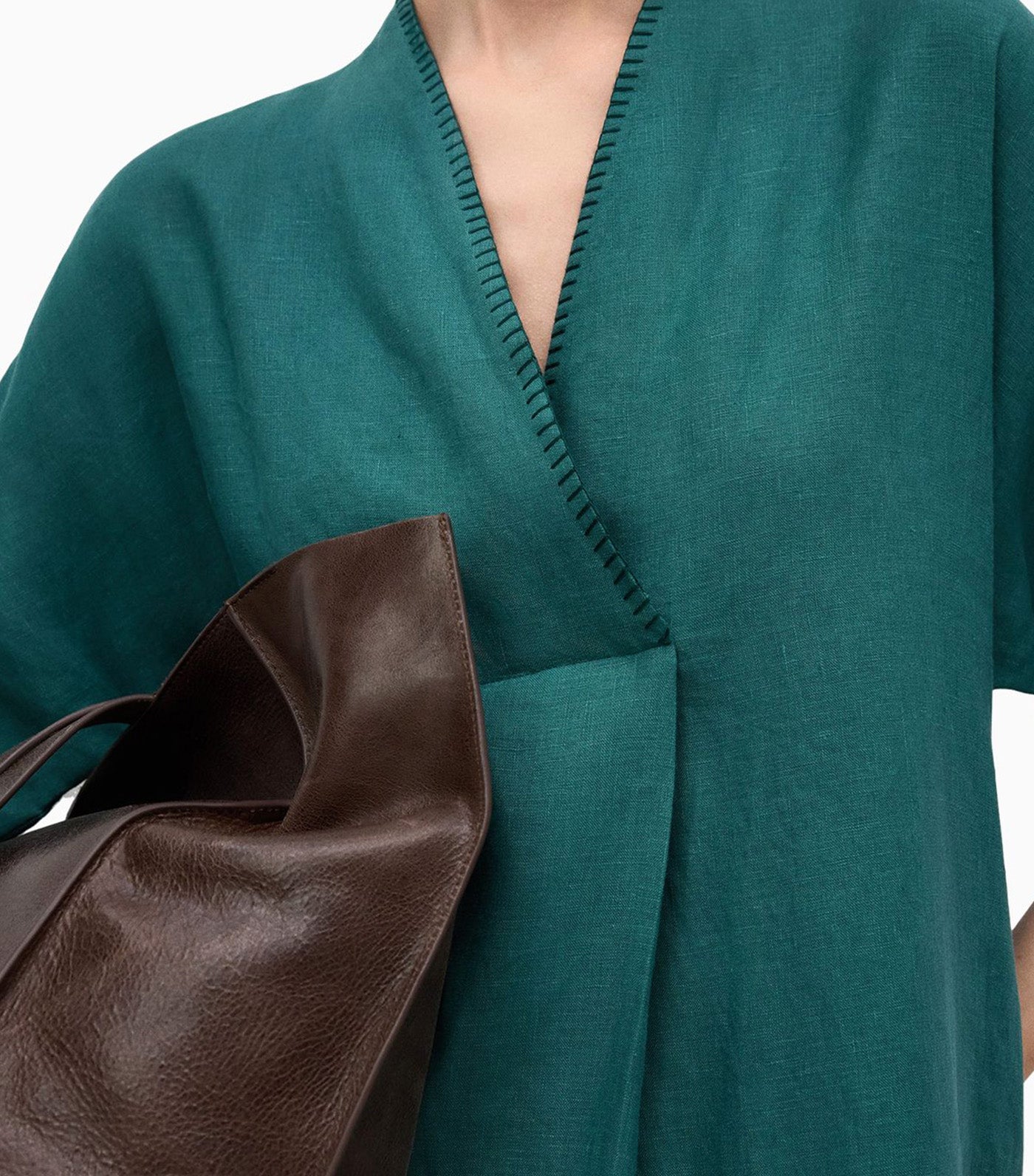 European Linen V-Neckline Dress Green