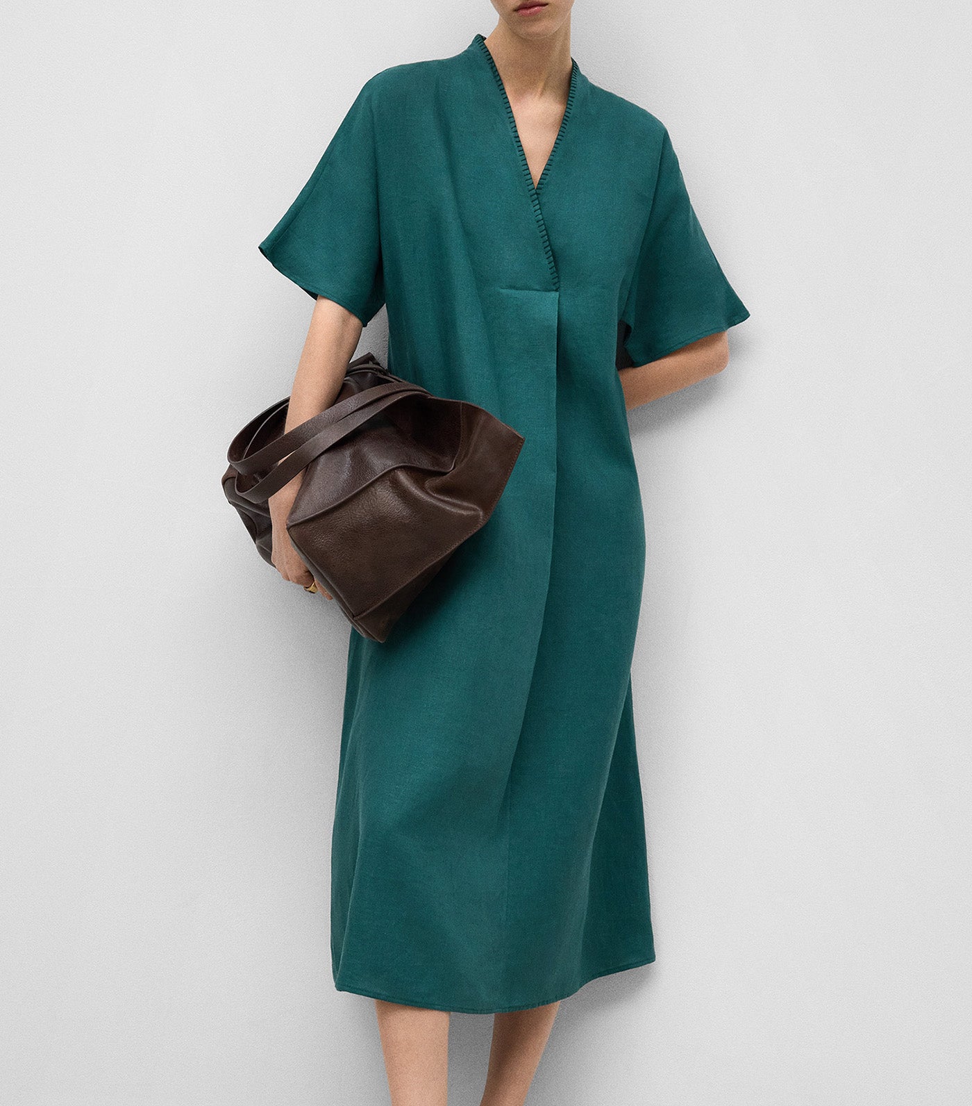European Linen V-Neckline Dress Green