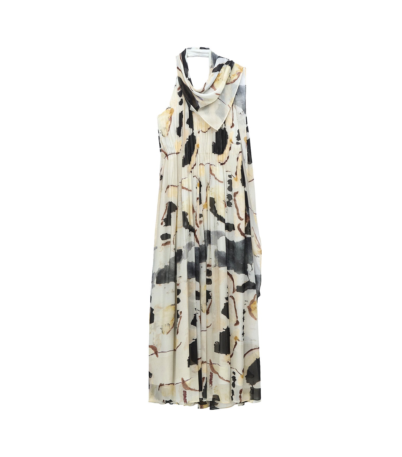 Scarf-Collar Printed Long Dress Flower Stamped