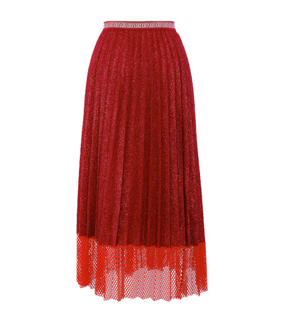 Metallic Knit With Big Hole Mesh Hem Skirt Red