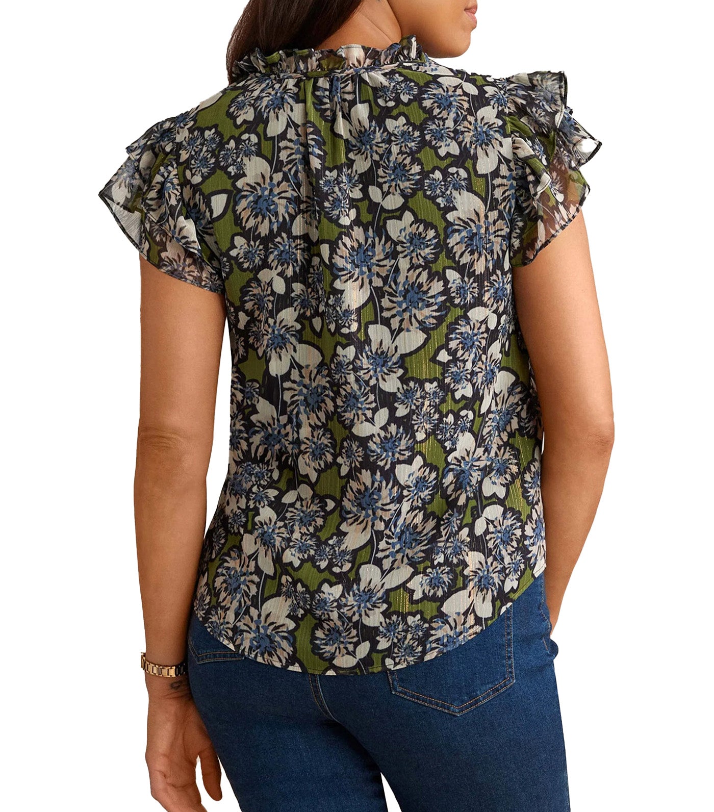 Ruffle Sleeve Tie Blouse Bay Leaf/Anne White Multi
