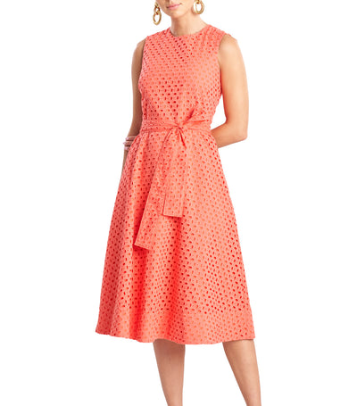 Cotton Eyelet Belted Dress Bright Heather Coral