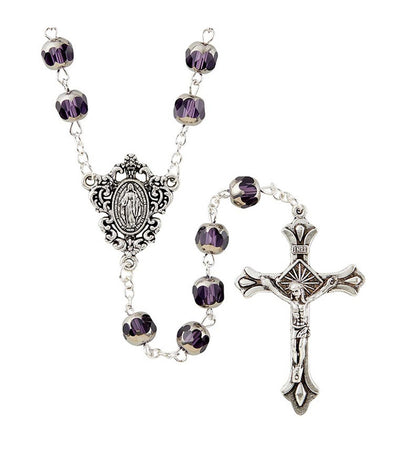 Amethyst Glass Rosary with Miraculous Mary Centerpiece