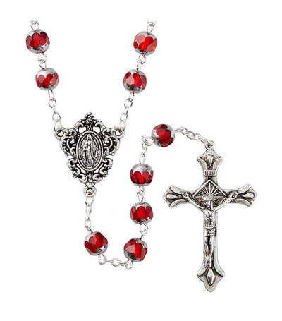 Rustan's Home Red Glass Rosary with Miraculous Mary Centerpiece