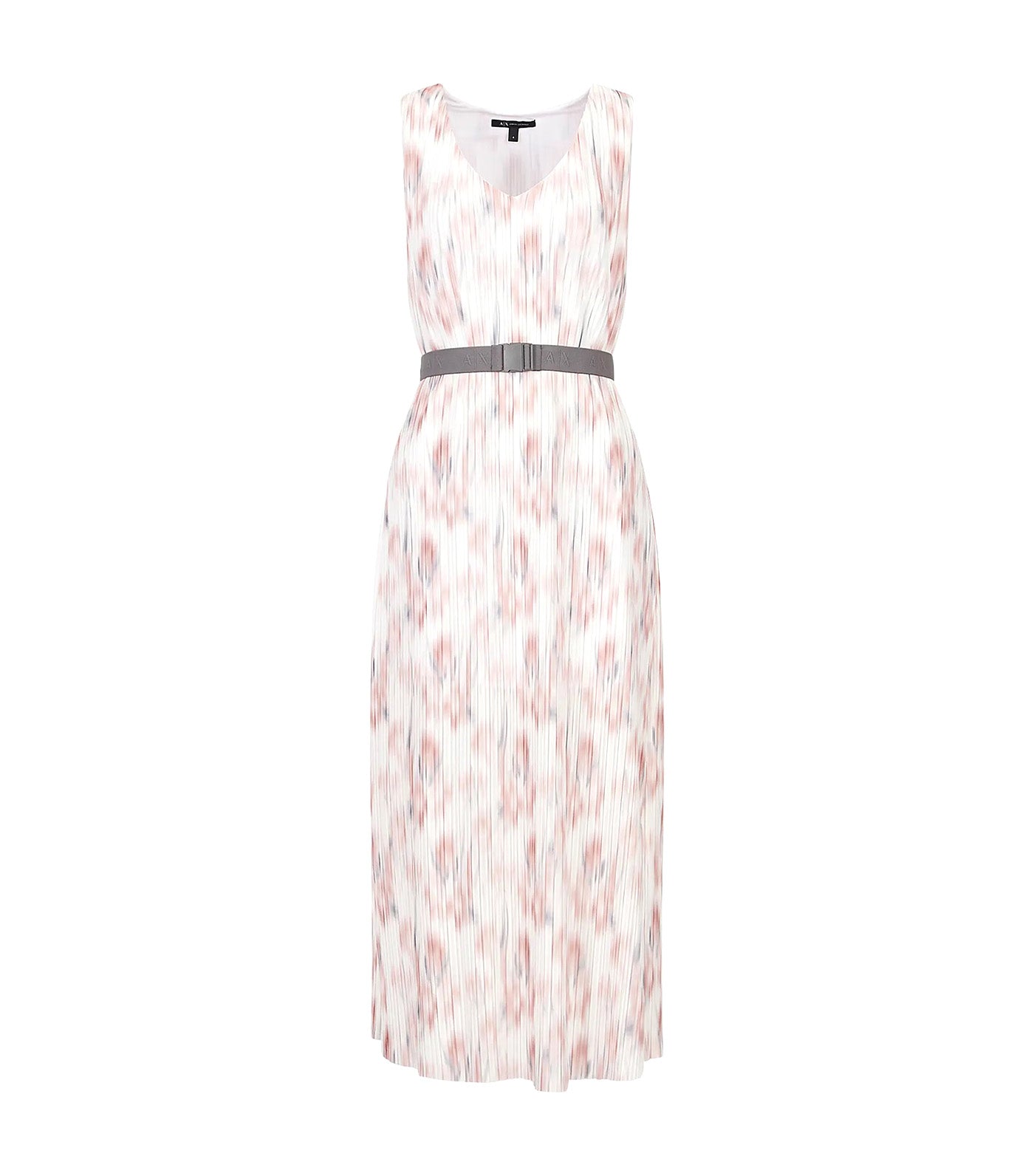 Printed Pleated Poly Sleeveless Belted Midi Dress Optic White Secret Garden