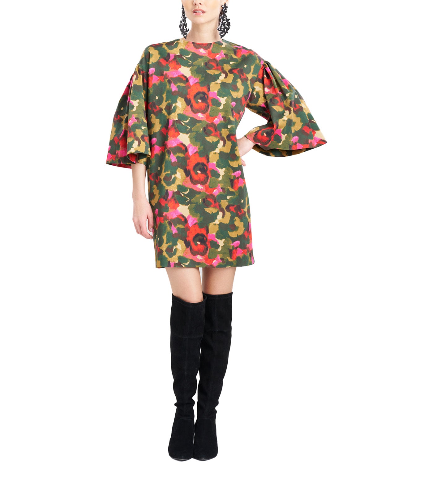 Floral Print Pleated 3/4 Full Sleeve Pocketed Shift Dress Multi