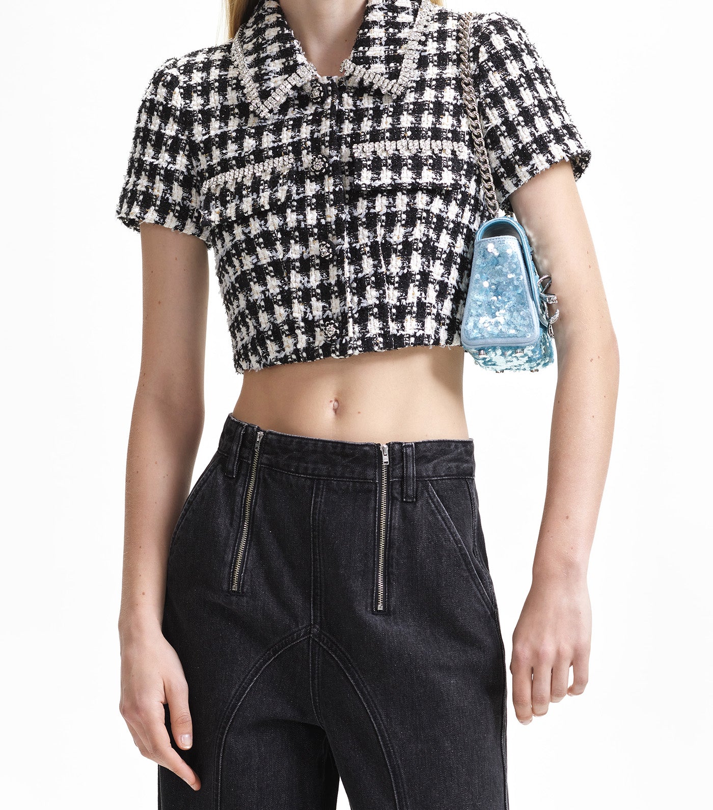 Check Boucle Crop Top Black