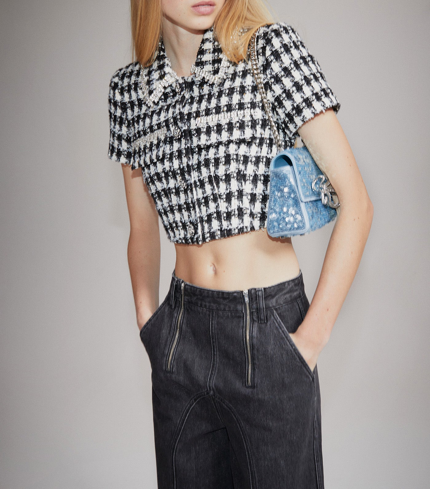 Check Boucle Crop Top Black