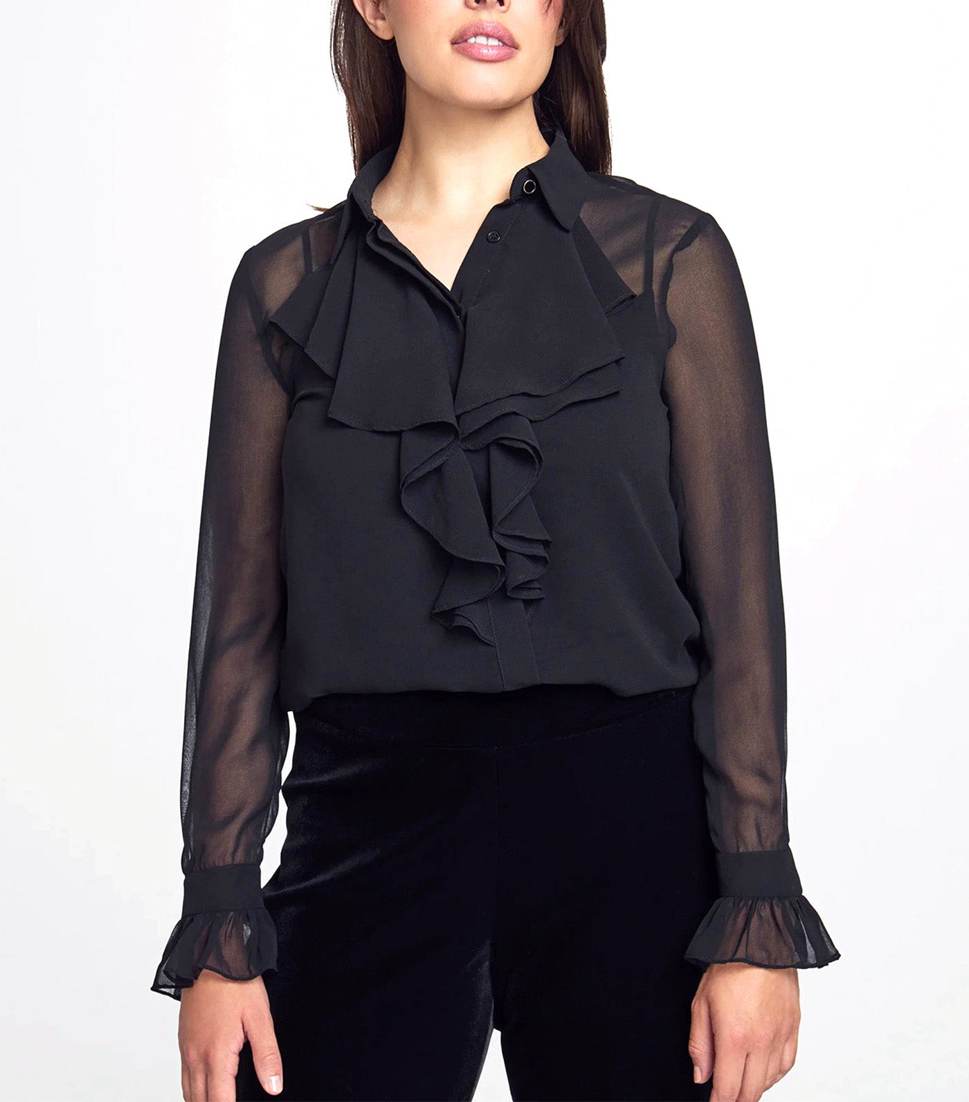 Long Sleeve Ruffle Button Down Blouse Anne Black