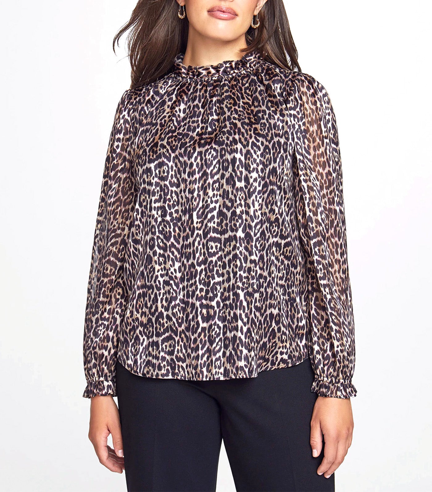 Printed Long Sleeve Ruffle Neck Blouse Light Coffee/Vicuna